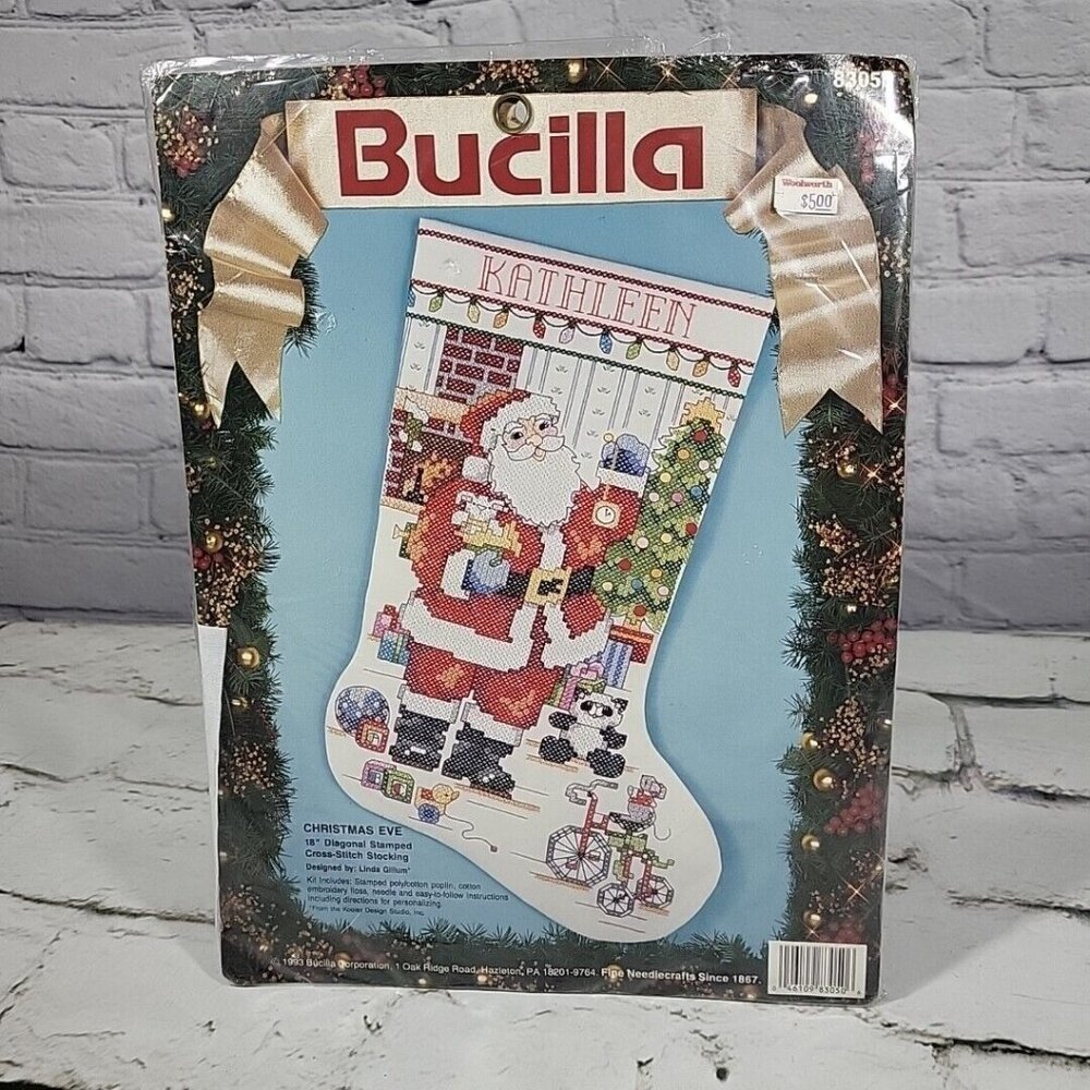 90s Bucilla Christmas Eve Stocking Cross-Stitch Pattern 83051 Opened - No Needle